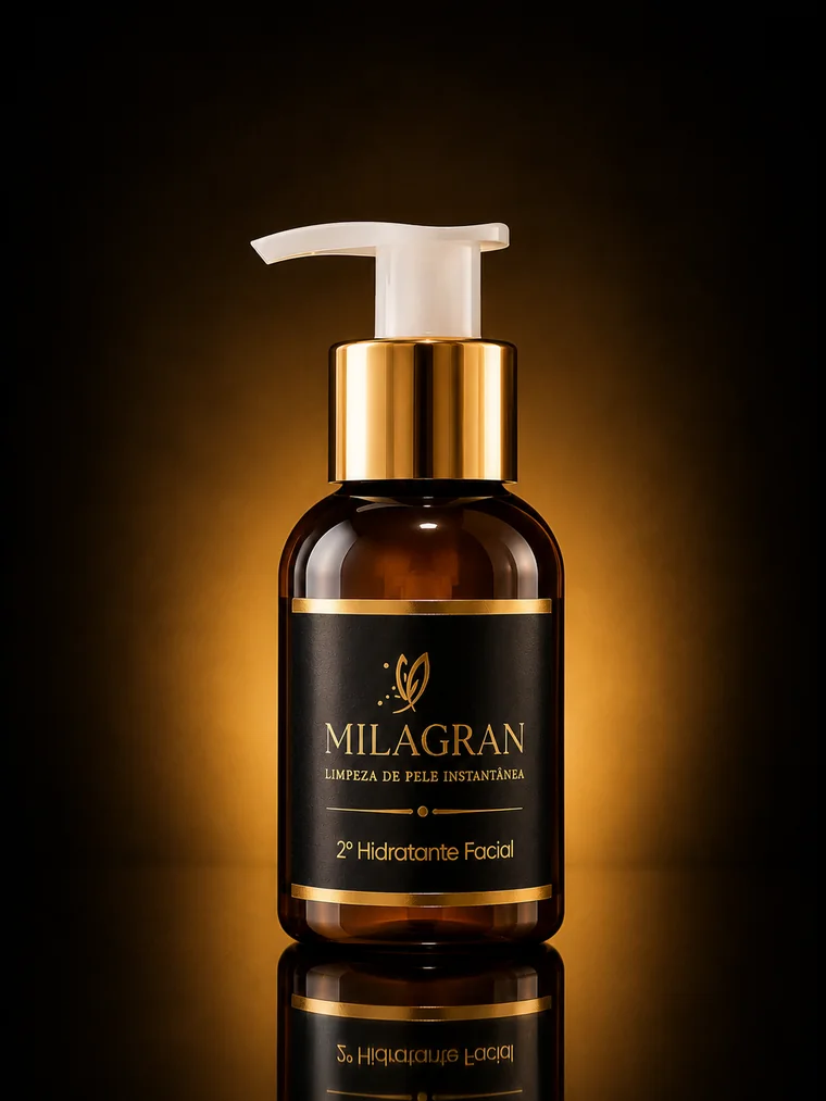 Frasco âmbar do hidratante facial Milagran, com válvula pump dourada