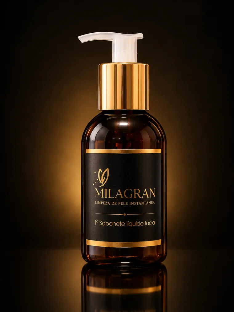 Frasco âmbar do sabonete líquido facial Milagran, com válvula pump dourada